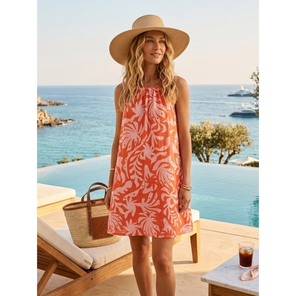 Rachel Zoe Orange Pink Tropical Floral Linen Blend Swim Cover Up Dress Size M‎